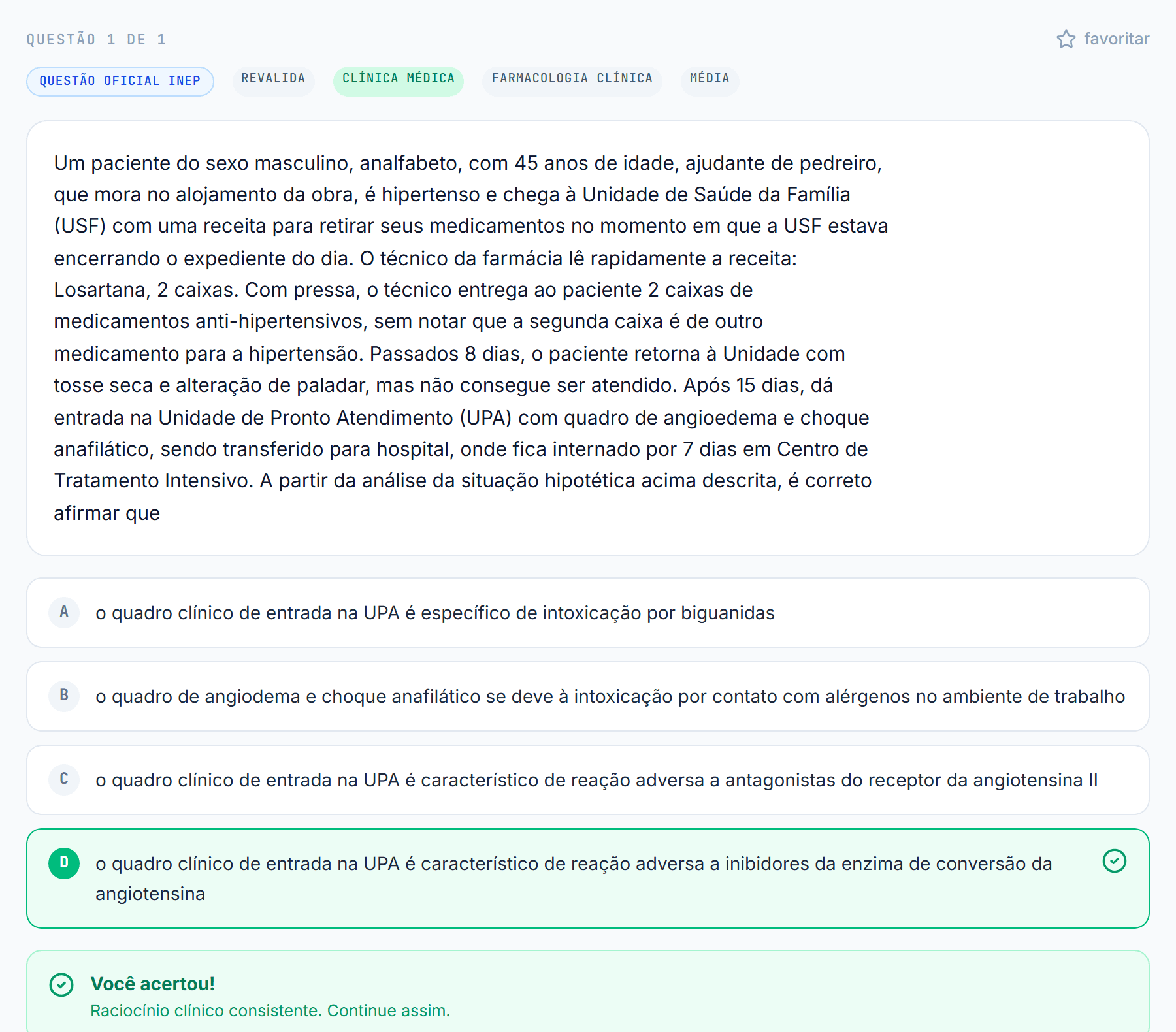 Tela de resolução de questão do MedIQ, com feedback de acerto